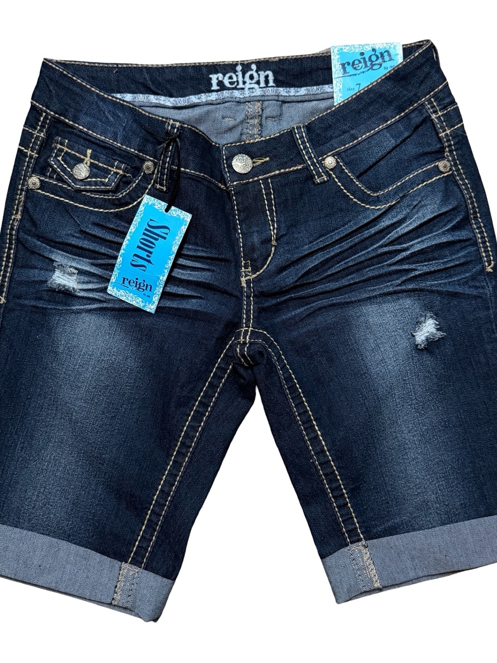 Vintage Y2K Women’s Deadstock Reign Cuffed Denim Jean Blue Shorts Size 7